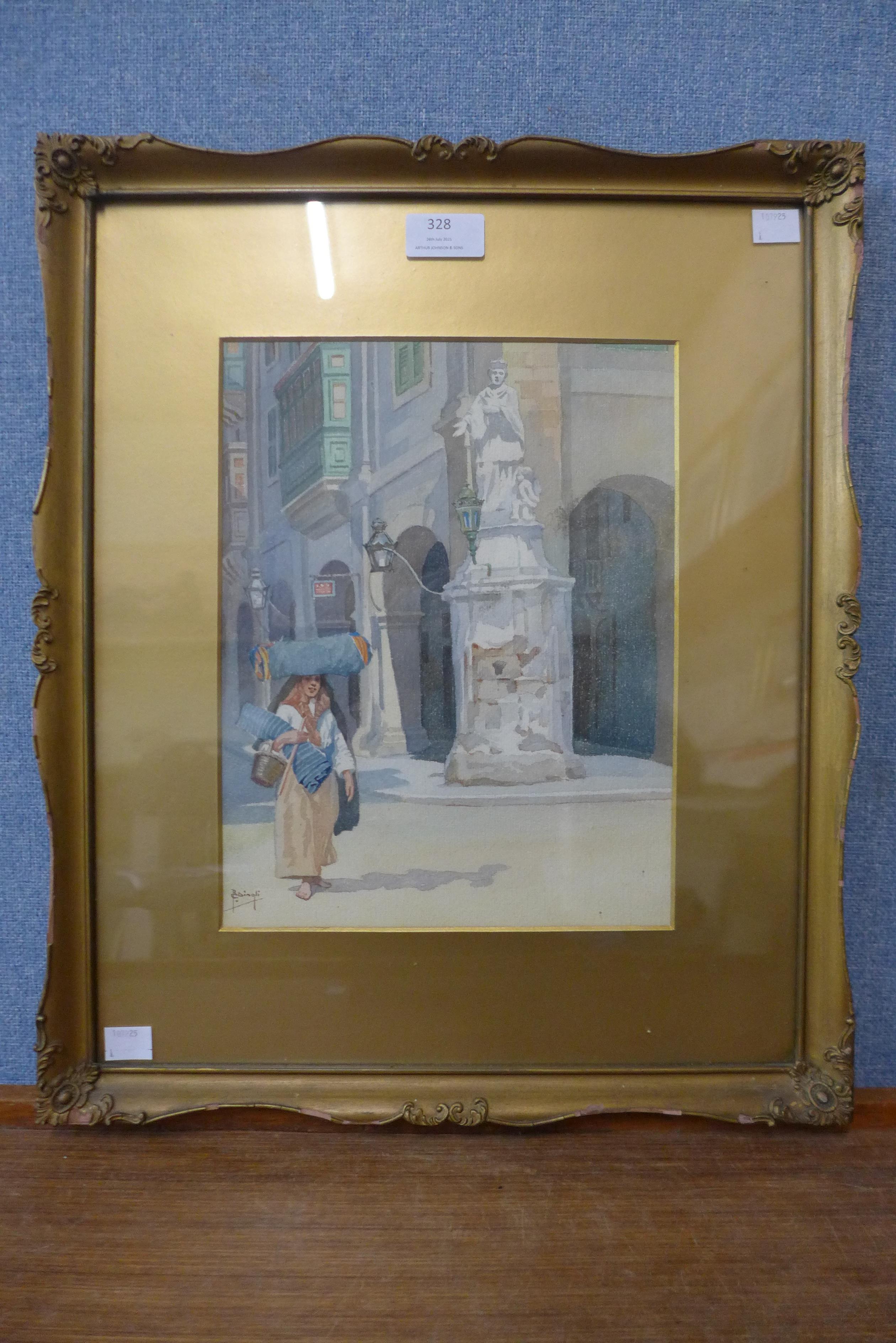 Robert Caruana-Dingli (Maltese 1882-1940), figure in a Valetta street , watercolour, framed - Image 2 of 2