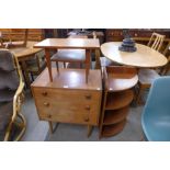 A small teak chest of drawers, a corner whatnot and occasional table