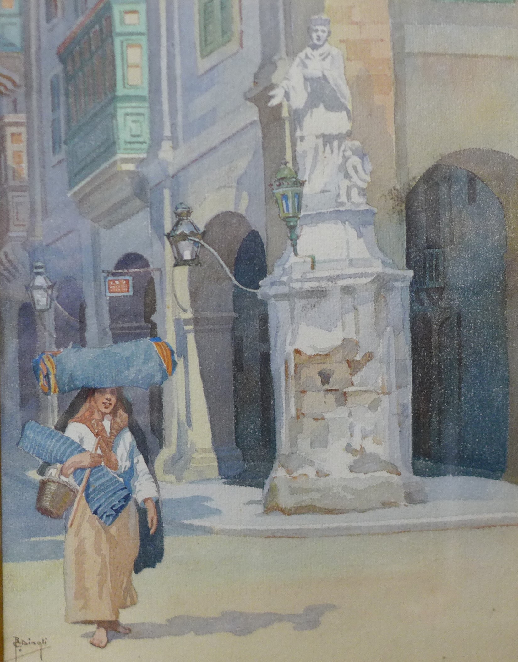 Robert Caruana-Dingli (Maltese 1882-1940), figure in a Valetta street , watercolour, framed