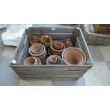 Assorted terracotta plant pots and a fruit crate