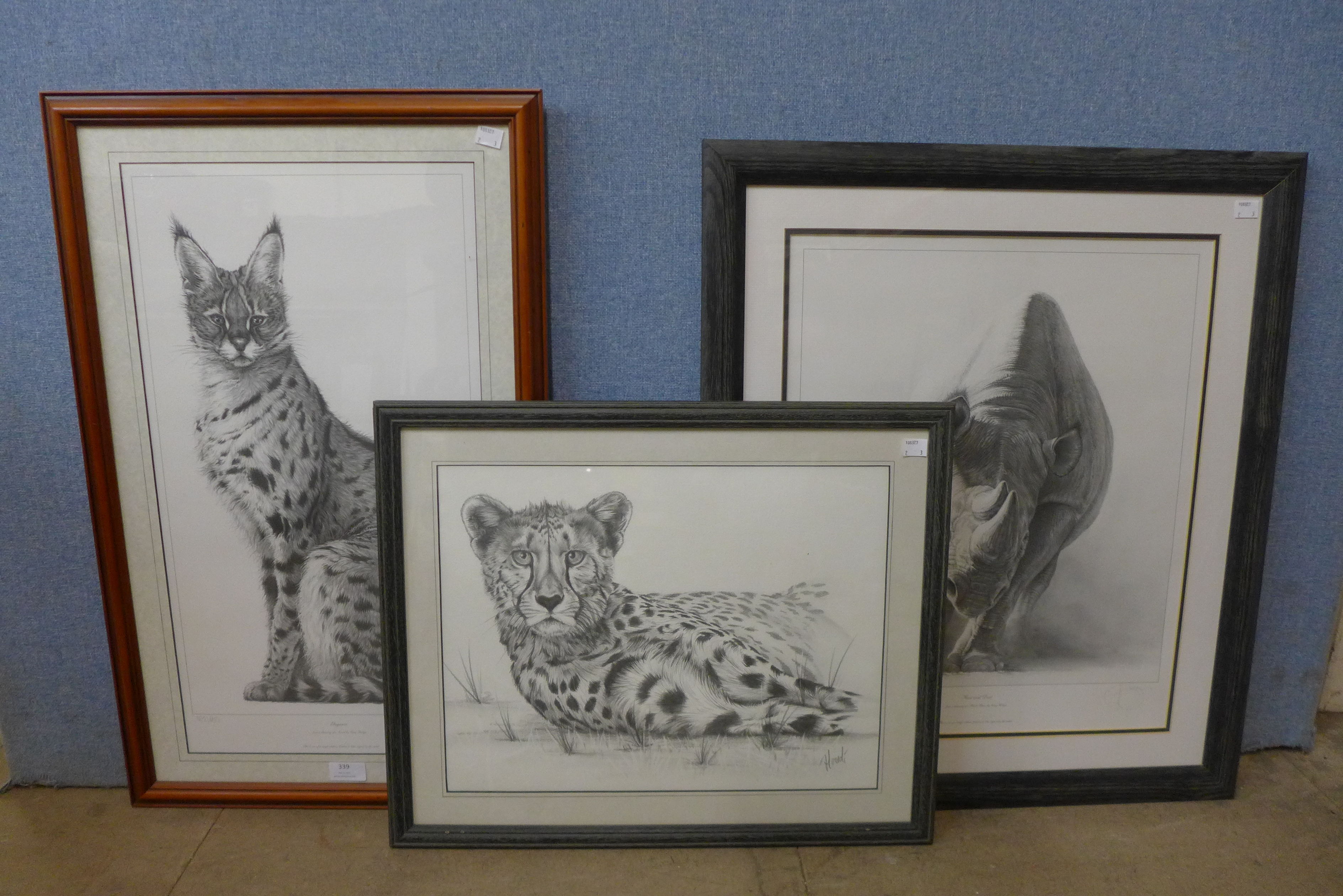 Two Gary Hodges limited edition signed prints and a pencil study of a tiger, indistinctly signed,