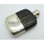 A silver and leather mounted glass hip flask, Sheffield 1895, weight of cup 49g