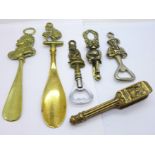 Two shoe horns, two bottle openers, nutcracker and door knocker