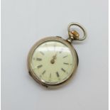 An 800 silver fob watch with enamel decorated back