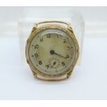 A 9ct gold cased wristwatch, a/f, lacking button, minute hand, one lug a/f, 29mm case
