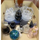 Perfume bottles and paperweights including a small Kosta Boda vase