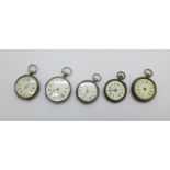 Five silver fob watches, three a/f