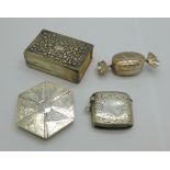 Two hallmarked silver pill boxes including one hexagonal shaped and with six compartments, a