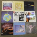 A collection of twelve LP records, Pink Floyd Dark Side of the Moon, The Nice, Genesis, Yes, ELP,