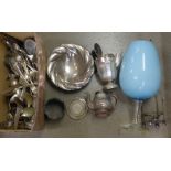 A box of plated ware and a large blue brandy glass **PLEASE NOTE THIS LOT IS NOT ELIGIBLE FOR