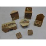 A collection of 1930's dolls house furniture with inlaid decoration, some with Japanese landscape