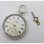 A silver cased pocket watch, 'Kay', the case hallmarked Chester 1896, with key