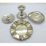 Two silver dishes, a silver candle holder and a novelty 925 silver hat, weight without candle holder