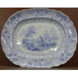 A pale blue and white transfer printed serving plate with Regency scene, 39cm