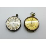 Two fob watches, one marked fine silver, a/f