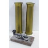 A Morse Code device and a pair of brass WWII shell case vases