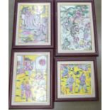 Four framed Chinese porcelain tiles, largest 27cm x 43cm, largest a/f