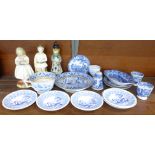 Blue and white china including Davenport, Royal Doulton and Wedgwood, two figures and one other