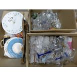 Two boxes of mixed drinking glasses including etched glass and a box of mixed china **PLEASE NOTE