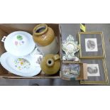Two stoneware jars, four framed sepia prints, a Denby Portugal tureen and serving plate, a