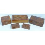 Five Thuya wood trinket boxes including one with marquetry top, one a/f