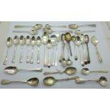 A collection of silver spoons including a set of six teaspoons and 19th Century, 392g