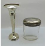 A silver topped glass jar and a modern silver specimen vase, vase 15cm
