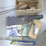 A collection of shooting items; a leg of mutton gun case, cleaning rods, leather cartridge belts,