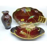 Two Carlton Ware Rouge Royale dishes and a Rouge Royale vase