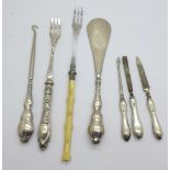 Three silver manicures, a silver handled shoe horn and button hook and two forks