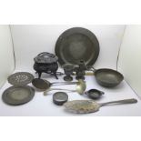 A collection of pewter and silver plated items, dishes, plates, casket, etc.