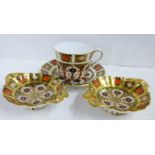 Two Royal Crown Derby 1128 pattern Imari dishes and a cup and saucer