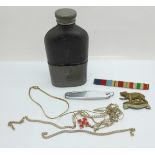A Leicestershire Regiment badge, a hip flask, a pocket knife, etc.