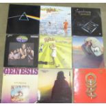 A collection of twelve LP records, Genesis, Pink Floyd, Supertramp, The Nice, Yes, Wishbone Ash,