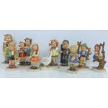 Nine Hummel figures including Apple Tree Girl, Apple Tree Boy and Chimney Sweep