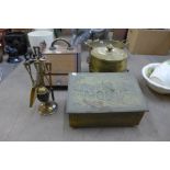 A Victorian oak coal scuttle, two brass coal boxes and a companion set