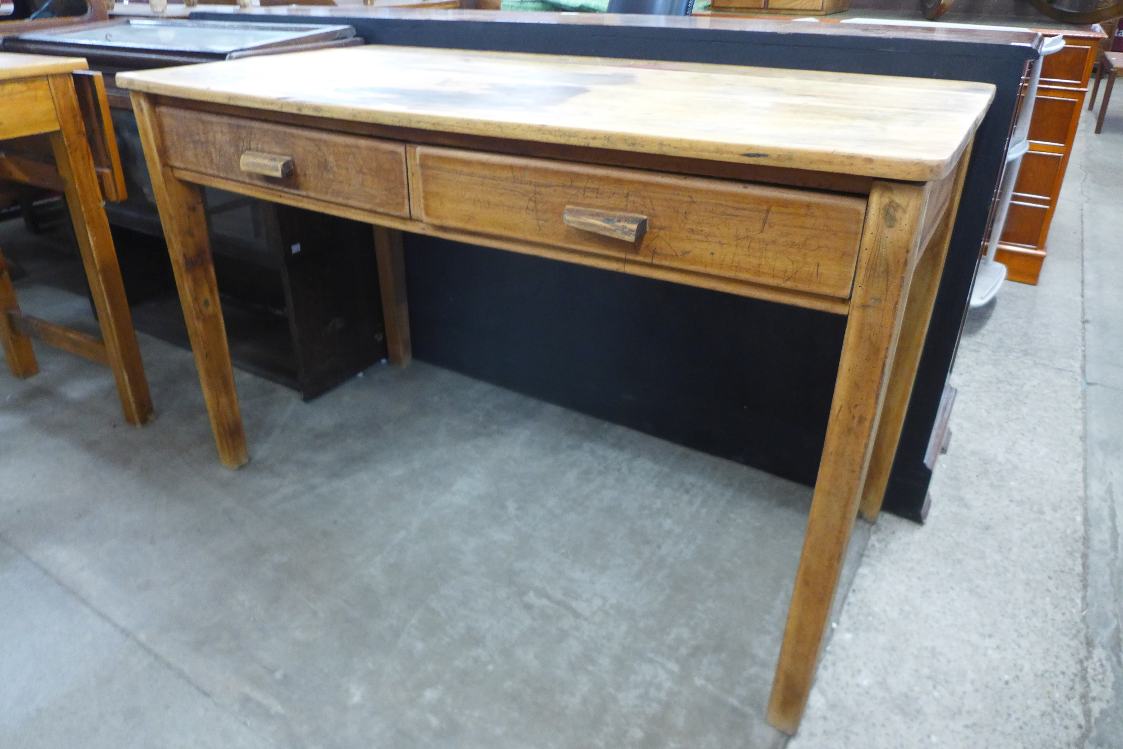 An oak and beech two drawer desk