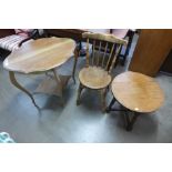 An elm and beech kitchen chair, a walnut two tier table and one other