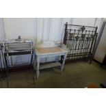 An Acme mangle on stand, a Victorian painted pine washstand and bed ends, a/f