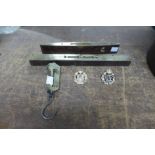 A J. Rabone & Sons brass spirit level, another spirit level, a Salter scale and two R.A.F cap badges