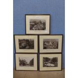 Five black and white photographs of Birmingham, framed
