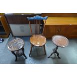 A small beech chair, a carved occasional table and a mahogany tripod wine table