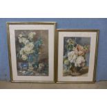 Two French still lifes of flowers and vases, manner of Madelaine Lemaire, watercolour, framed