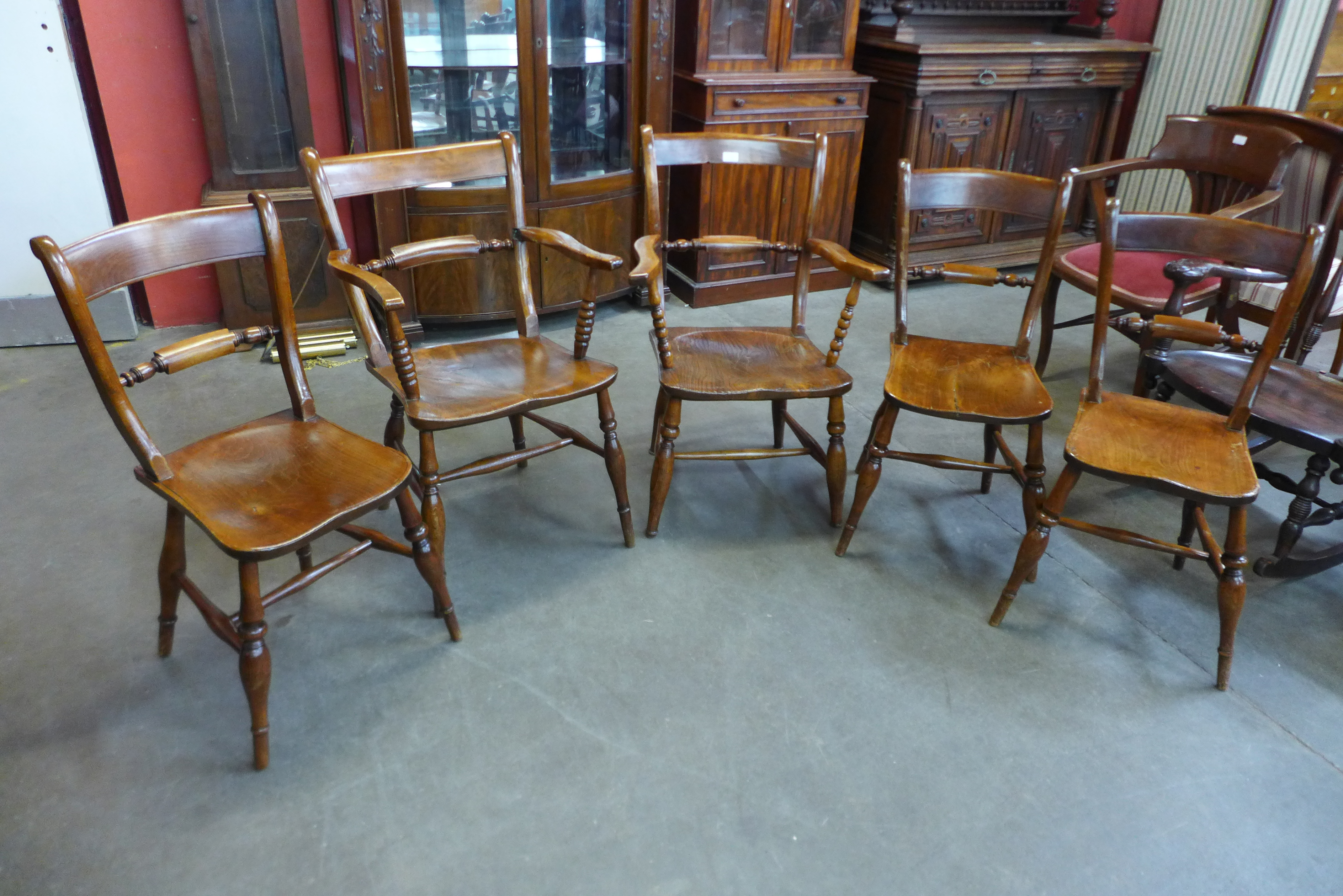 A set of five Victorian elm and beech farmhouse kitchen chairs