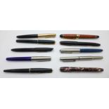 A collection of ten pens, including Conway Stewart 75 and five Parker, one with inscription on the