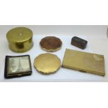 A collection of compacts, a snuff box and a brass lidded pot