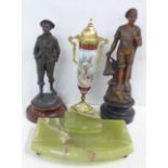 Two pewter figures, a Vienna lidded vase and an onyx inkstand