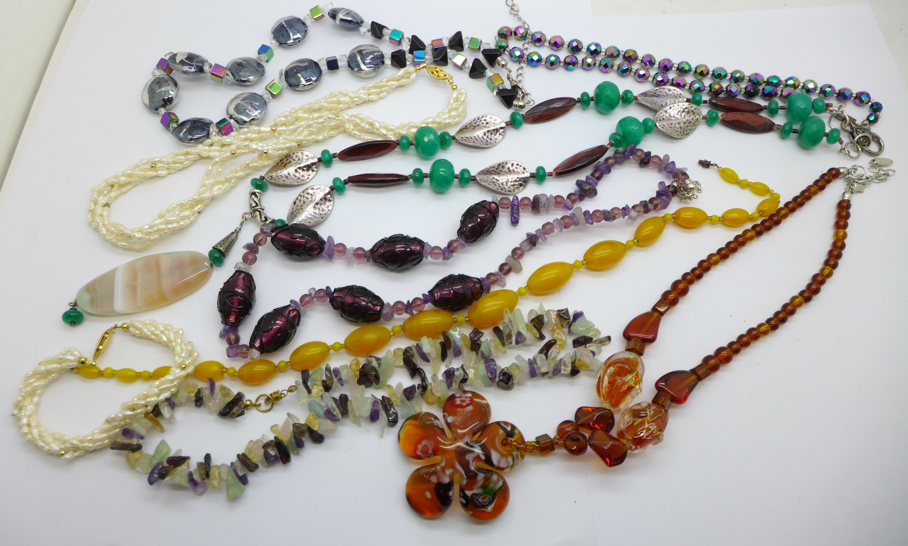 An agate and other bead necklaces