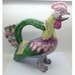 A ceramic rooster claret jug, 29cm, a/f beak restored and lid reglued