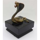 A cold painted figure of a cobra mounted on a wooden base, 14.5cm